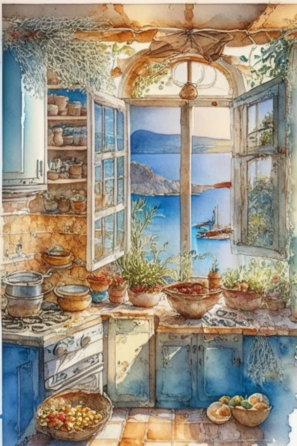 The kitchen of a Greek house, with a view of the sea through the window by Jean-Baptiste Monge, watercolor and ink, intricate details, fantasy, beautiful, award winning, colorful, fantastic view, crisp quality in sunshine