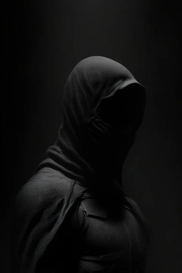 Background is dark grey, almost black. There is a head and torso silhouette looming in the picture, completely masked by a black kevlar suit.