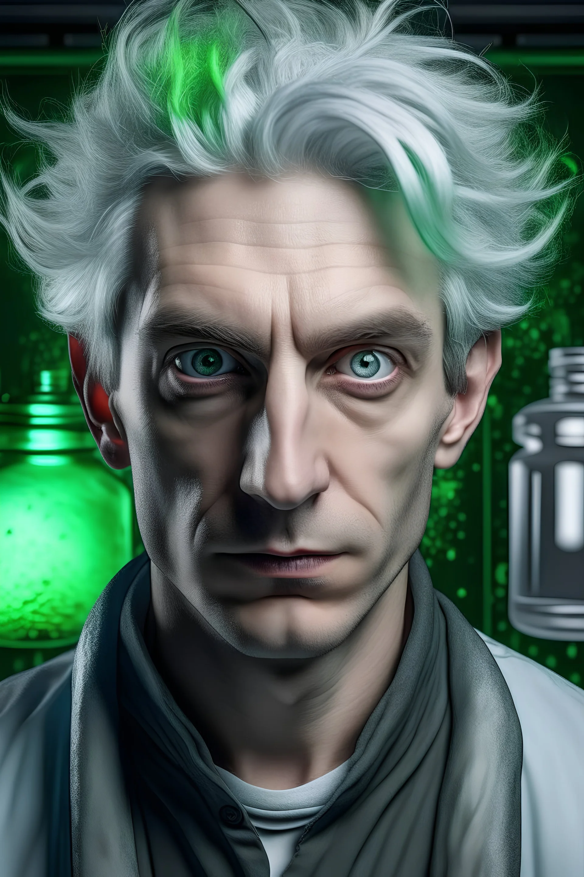 portrait of a human male alchemist inventor with salt and pepper Hair with Bluish green eyes looks to be in his 30