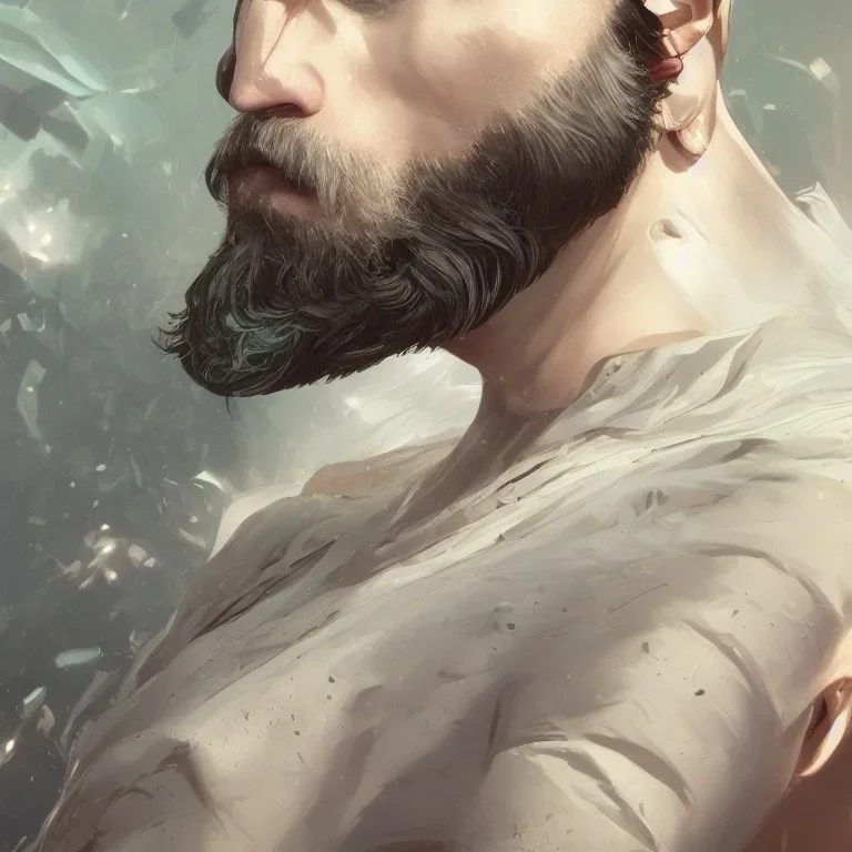 "MIddle aged white human male, with a trimmed but uneven beard, piercing green eyes with slick back hair head and shoulders portrait, 8k resolution concept art portrait by Greg Rutkowski, Artgerm, WLOP, Alphonse Mucha dynamic lighting hyperdetailed intricately detailed Splash art trending on Artstation triadic colors Unreal Engine 5 volumetric lighting Splash art fantasy"