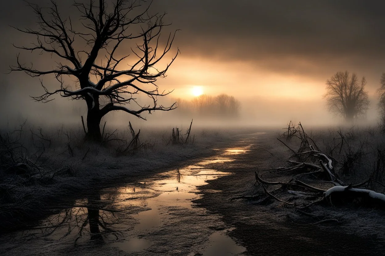 snowy landscape, a dirty iced road next to a tree on a foggy day, depressive moody sunset background, dry tree branches scattered in mud, dark iced swamp, full white snowy landscape , doom and gloom, grey clouds, snow dawn, snowy landscape, dramatic matte painting, melancholic mood