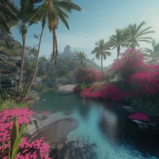 Paradise, nature, flowers, unreal 5, octane render, cinema4d, redshift render, hyper realistic, cenematic, vibrancy, synthwave, retouch, centered, dynamic lighting, dramatic lighting, 4k, highly detailed, attractive beautiful, realistic, virtual reality, epic composition, holographic,