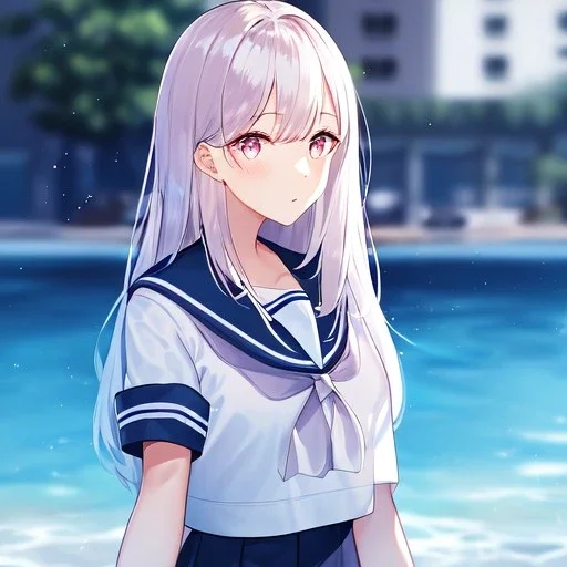 Clear focus,High resolution, Light Blue long hair, Light pink eyes,Wearing a sailor uniform,Looking away from the viewer, Blurry water