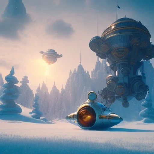 Spaceship landed on snowy mountain, sunny day. clear blue sky. gold. Elegant. Extremely detailed. Award winning photography. Fantasy. 8k. Cinematic lighting. Photorealistic. Dynamic lighting. Imperial colors. Crisp quality. Unreal Engine. Colourful cinematic postprocessing. Pixar. VRay.