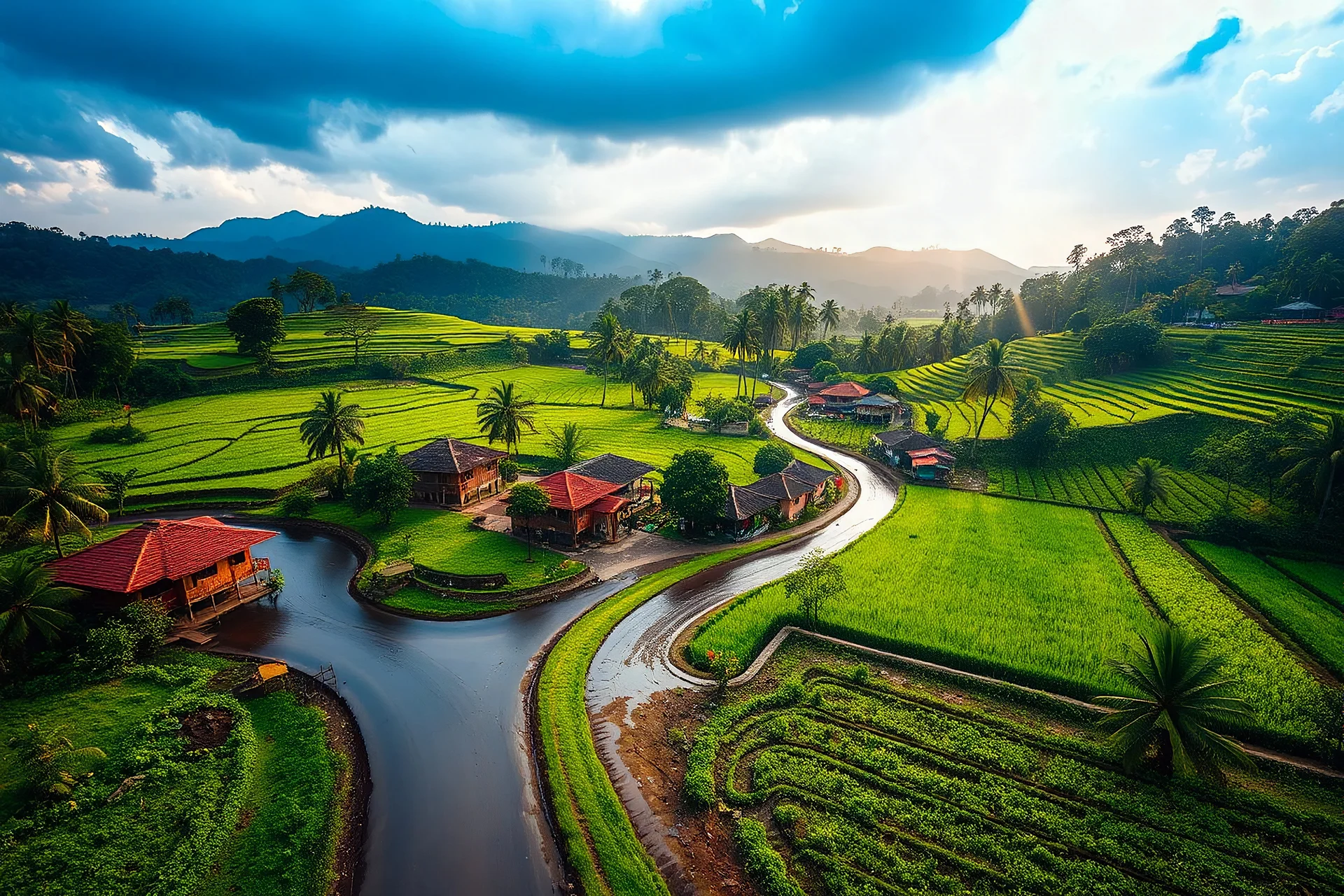 A beautiful Java village from above, just after a refreshing rain. The village is nestled amidst lush green rice paddies and gently rolling hills, with a group of various style of Farmers Houses. The rain has left the landscape vibrant and fresh. wet asphalt path winds through the village, reflecting the afternoon skylight. Captured in an epic photoart in the style of Artgerm and Zabrocki, vibrant colors highlighting enigmatic forest scenery, dazzling light filtering