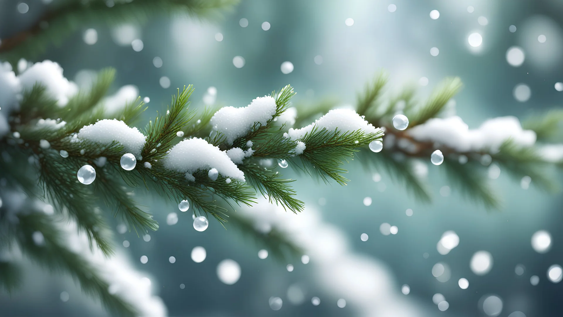 a fir tree branch . Delicate snow droplets glisten, a magical forest backdrop,evergreen branches create a vivid and beautiful natural background,low poly