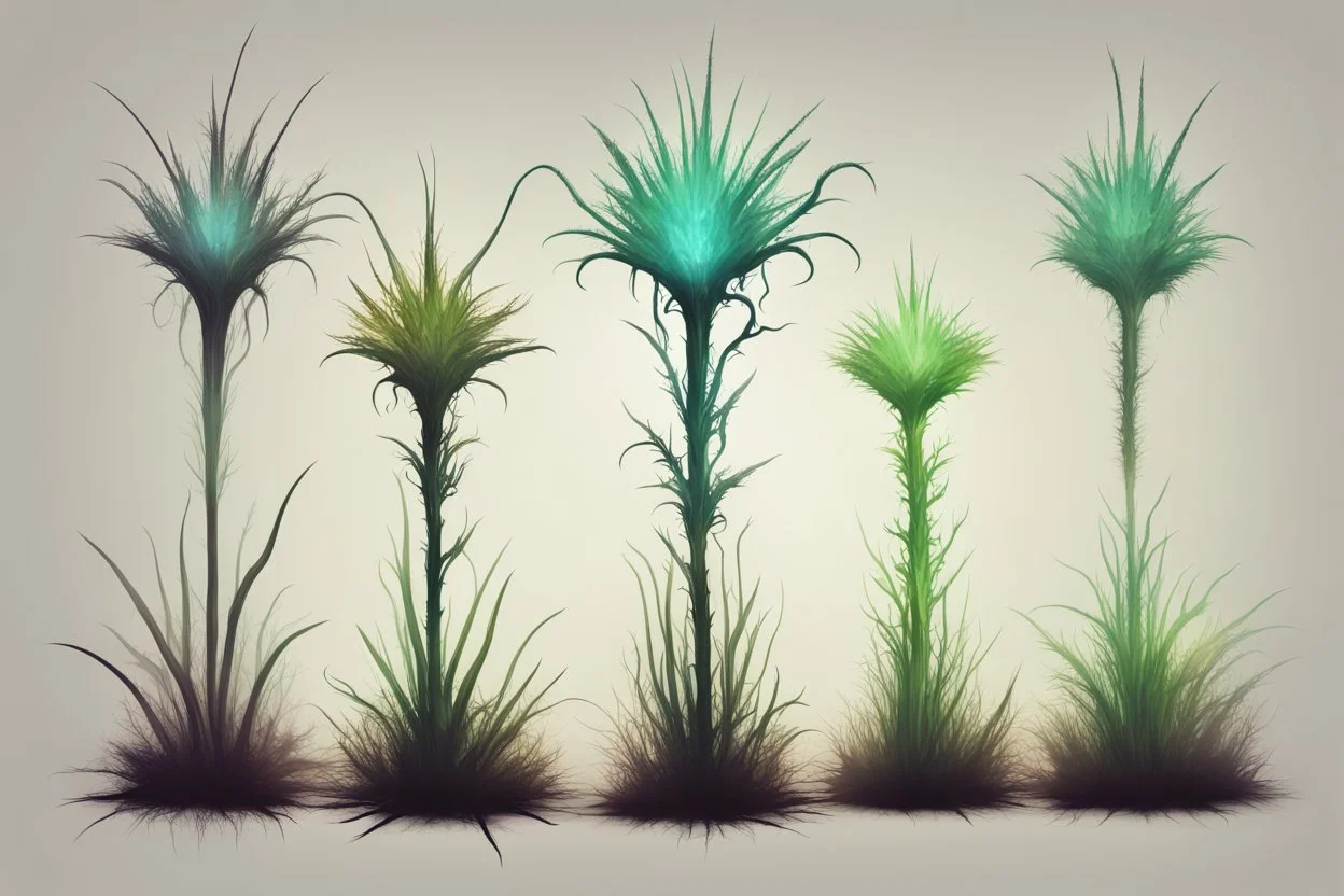 Isolated concept art of 5 alien grass on a neutral background. Strange fictional extraterrestrial flora with unusual shapes, glowing details, thorns, spines, tendrils, roots. Each plant designed with unique silhouette and fantasy colors, digital painting style, detailed textures, science fiction botanical illustration, no background, no landscape.