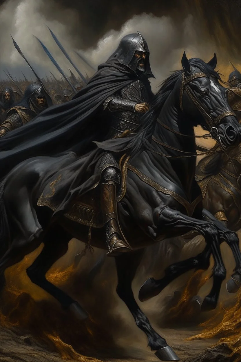 Oil painting of a king poked on his black horse and wearing full black and fur Raset battle and those around him fighting Photorealistic