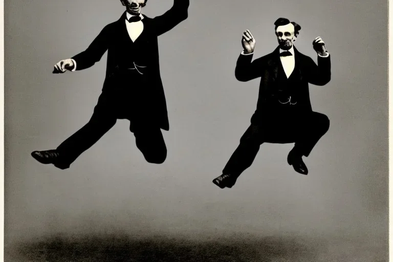 Abraham lincoln jumping in the air while playing electric guitar