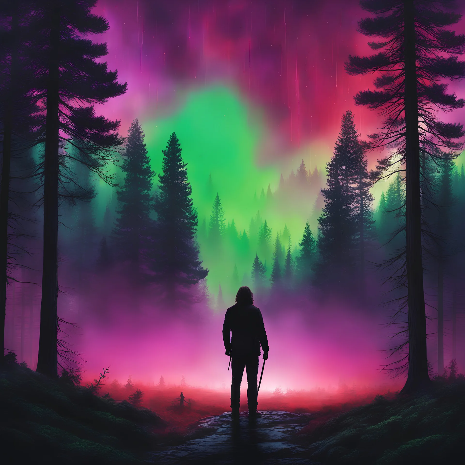 "wide shot ((night sky, red thunder lightnings)), ((pine woods)) ((a duo of (((a long hair) man)) and ((a woman)) backview silhouettes)) a cabin surrounded by red purple mist and green black haloes, ((facing an evanescent foggy form of a giant floating mask of Jason Voorhees, epic melted with the sky)), 80's horror movie poster, ((dark horror synthwave))" ((add urban details, garbage, electrical lines etc))