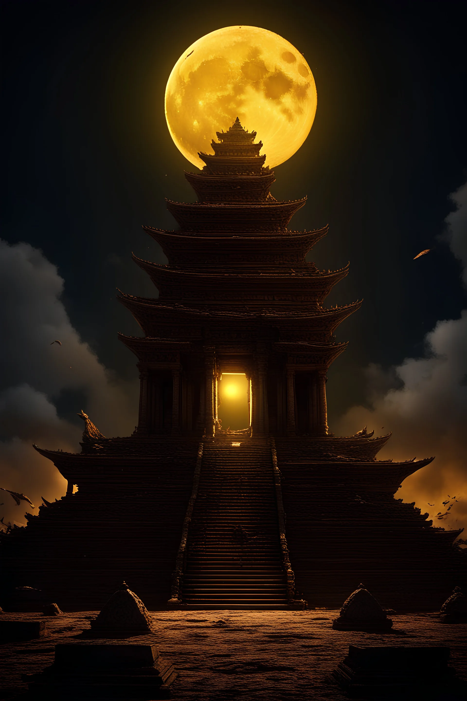 A ancient stone temple being destroyed by a long sleek eldritch monster,Yellow moon shining ominously in the sky,realistic lighting, outstanding details,4k quality