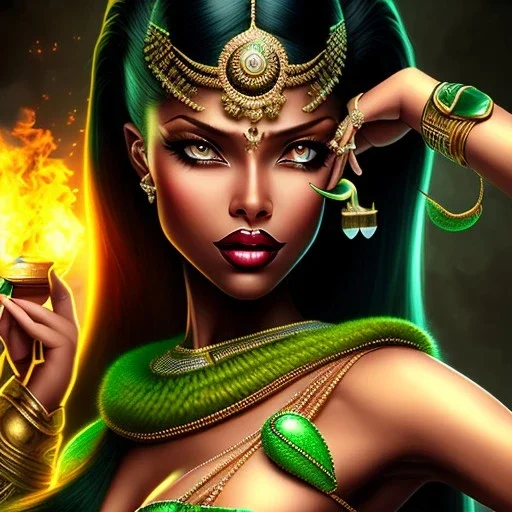 fantaisy setting, insanely detailed, woman, indian, dark skinned, green hair strand