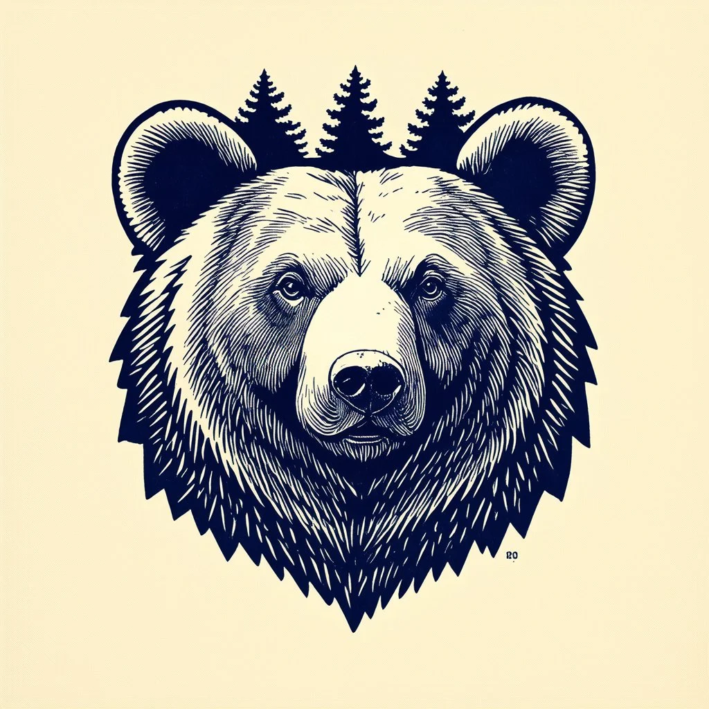 M shaped bear head combined with woods silhouette in backround, letterpress style block print with indigo ink on creamy paper texture, strong contrast