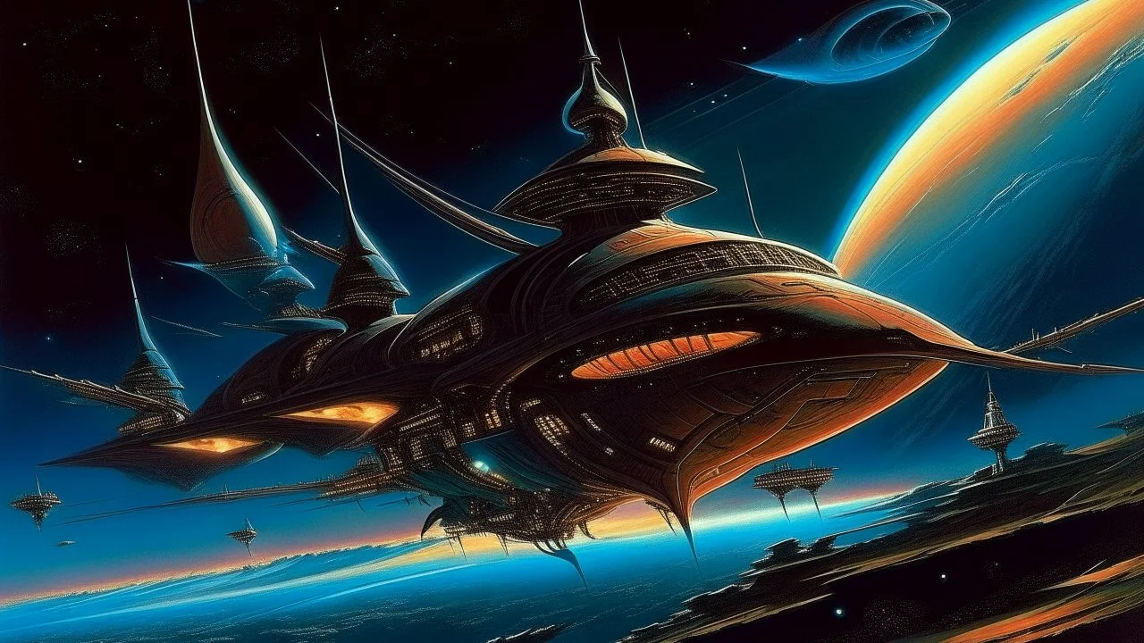 "Envision a space fighter, inspired by the surrealistic whimsy and intricate detail of Rodney Matthews' artwork. Amid the cosmos shimmering with alien hues, the warrior navigates among the starlit void, cloaked in a spacecraft as unpredictable and vivid as a dream. It is a paradox of delicate fantasy and formidable technology, its silhouette pulsing with extraordinary power yet draped with cosmic elegance. Capture this enigma, this tamer of untamed galaxies, through the prism of Matthews'