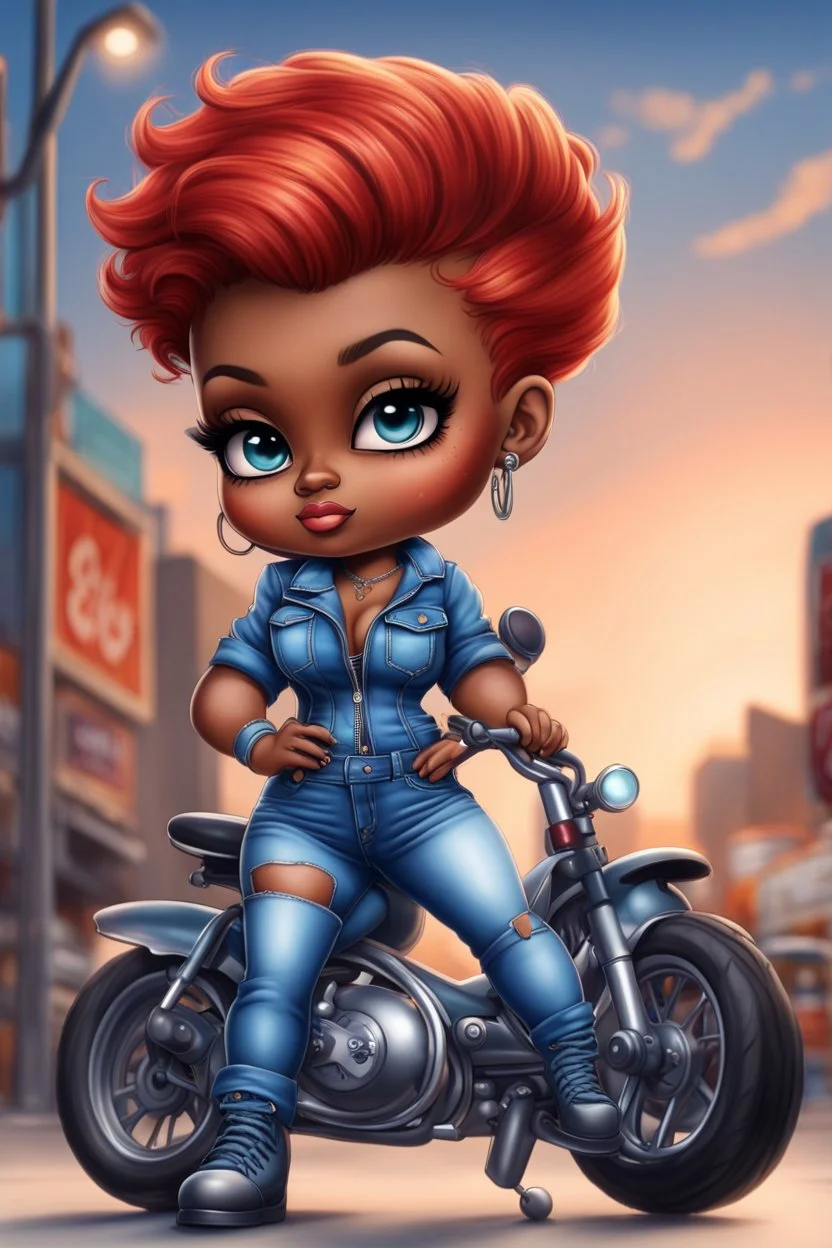 create an airbrush illustration of a chibi cartoon voluptuous black female wearing a blue jean outfit with biker boots. Prominent make up with hazel eyes. Extremely highly detail of a very low red pixie haircut. Background of a bike show.