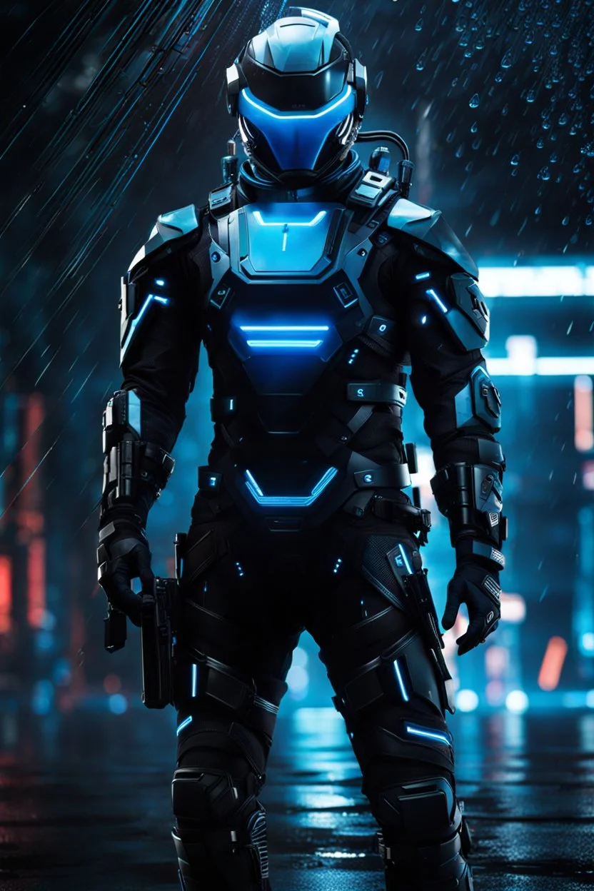 cyberpunk, neon blue, high technology, geometric figures, orbiting figures, cyberpunk suit, black and blue, epic, rain, neon blue suit, geometric figures orbiting around suit, exosuit, male