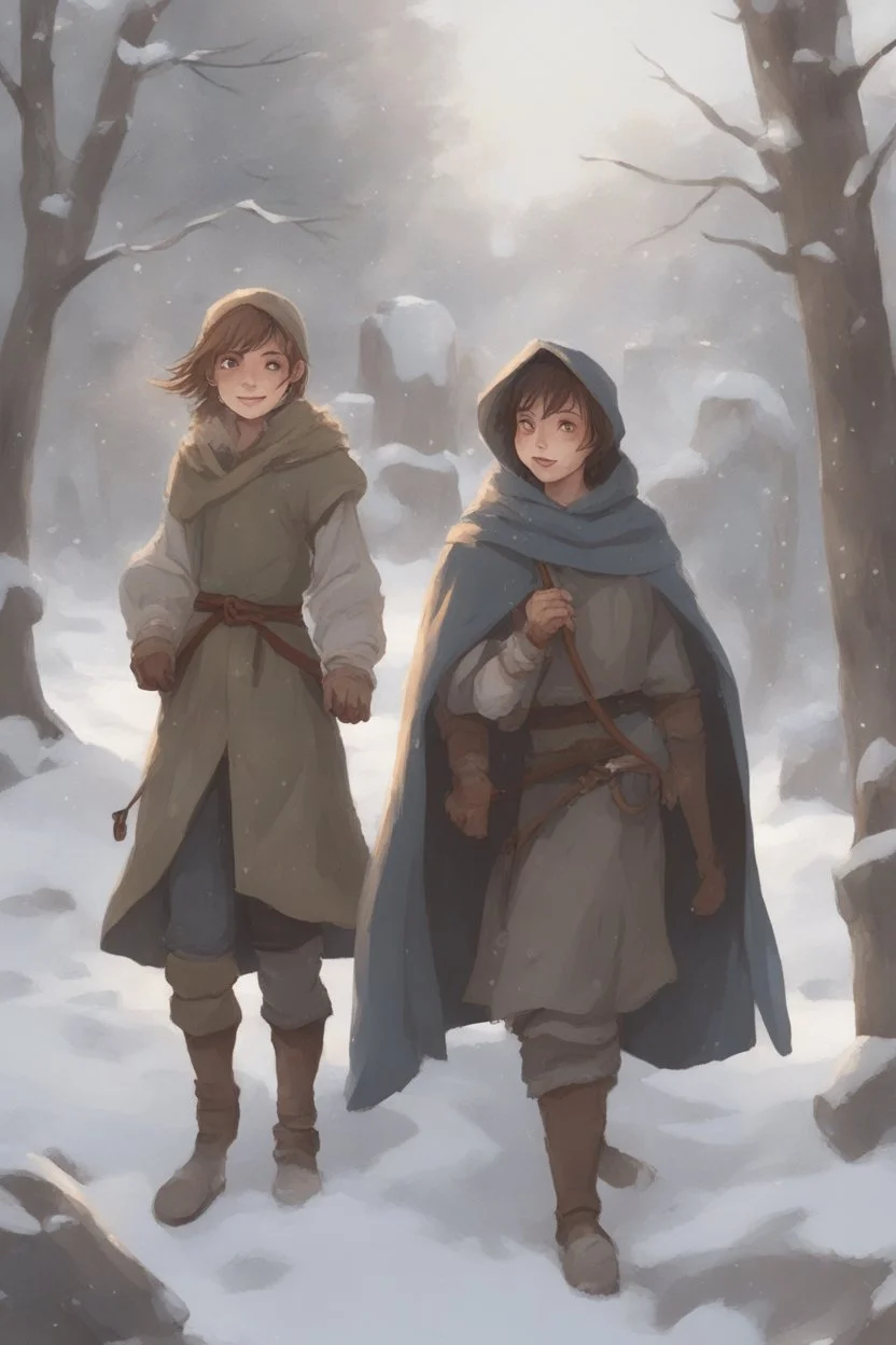 DnD style, two medieval peasant kids playing in the snow male and female, age 14 and 15, happy and playful