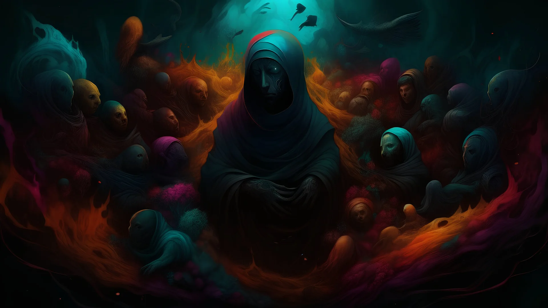 a medium quality digital art piece featuring a dark and abstract representation of an anti-family, anti-life cult suffocating in a sea of abundance, dystopian, surreal, deep colors, haunting atmosphere
