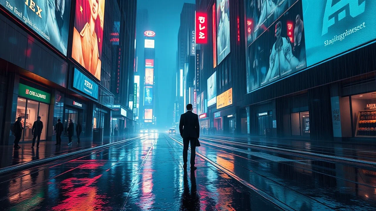A solitary, elegantly dressed figure stands on a rain-slicked, neon-lit street in a futuristic metropolis. Towering, holographic advertisements flicker, casting long shadows. The atmosphere is dense with a sense of mystery and high-tech luxury. Rendered in a hyperrealistic, cinematic style with dramatic lighting and deep, saturated colors.