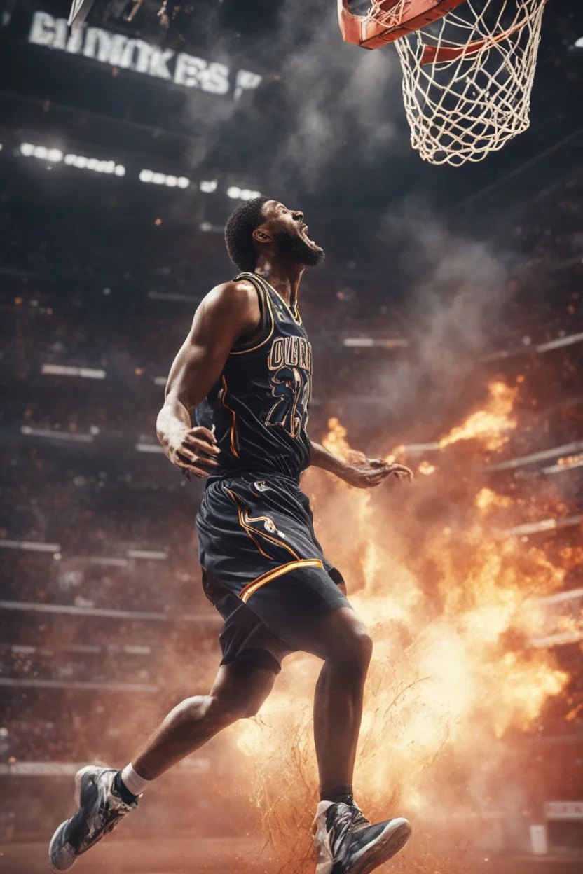 8k, highly realistic and detailed image of a NBA basketball player in action dunking the ball in the net, sweaty hair, screaming look,action and smoke and flames background