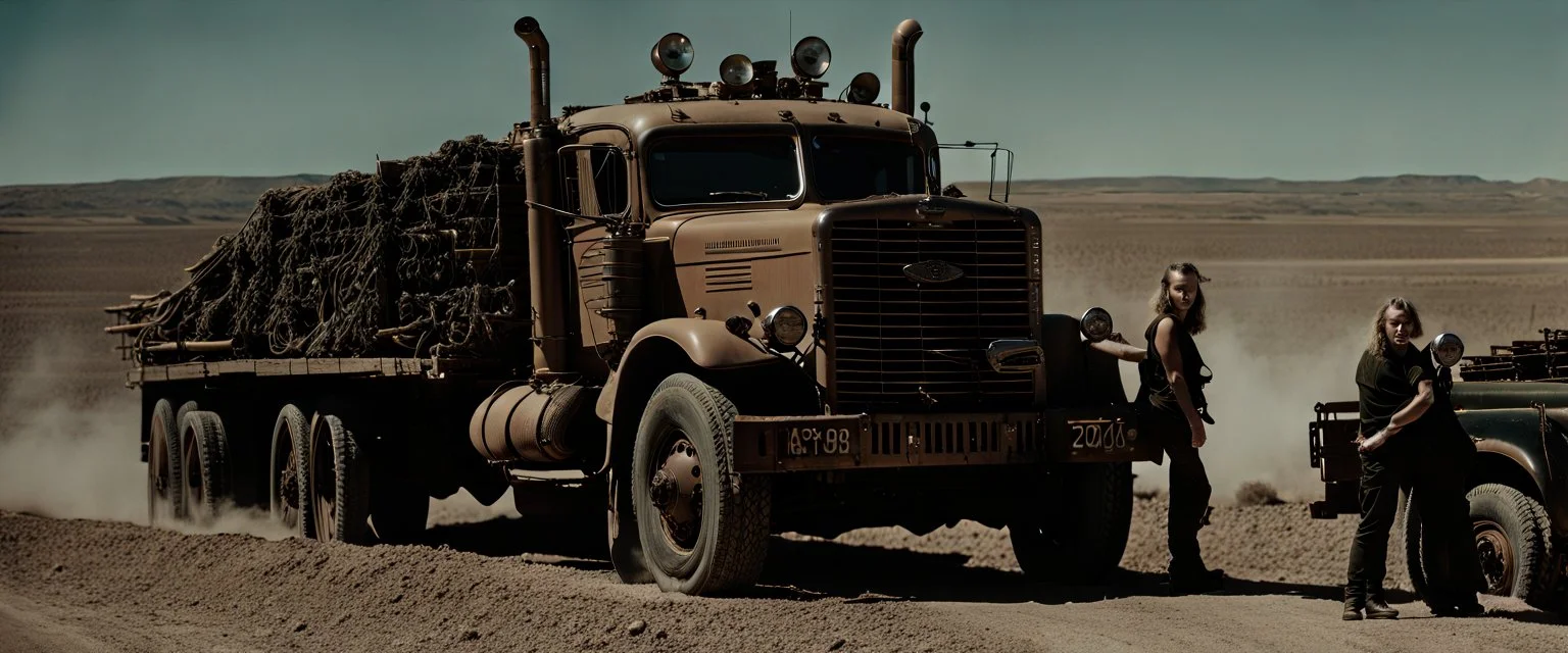 Long haul Trucker liberation army in guerrilla war, Alberta Desert, cinematic, Fuji Film, Anamorphic lens, 2040s, deep depth of field, in a Cyber punk WW3 film