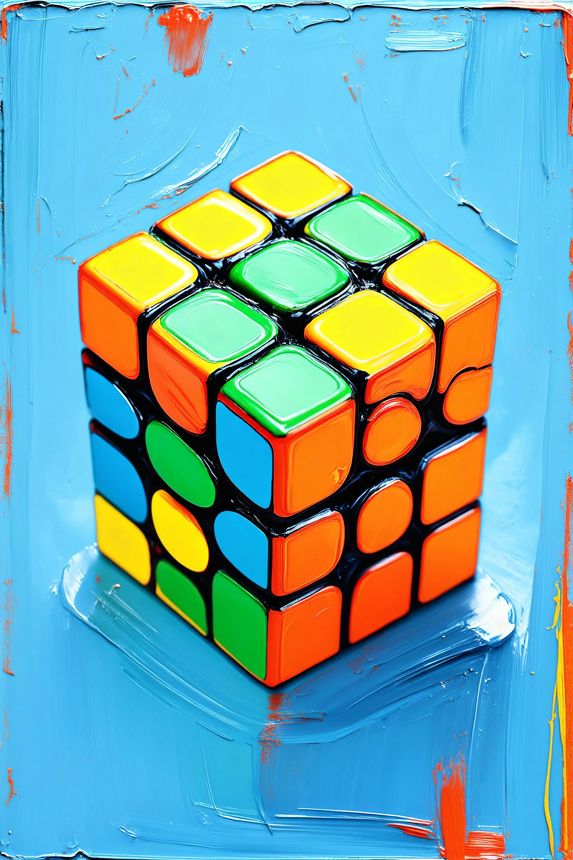 rubik's cube en peinture à l’huile avec coups de pinceau visibles, couleurs pastel