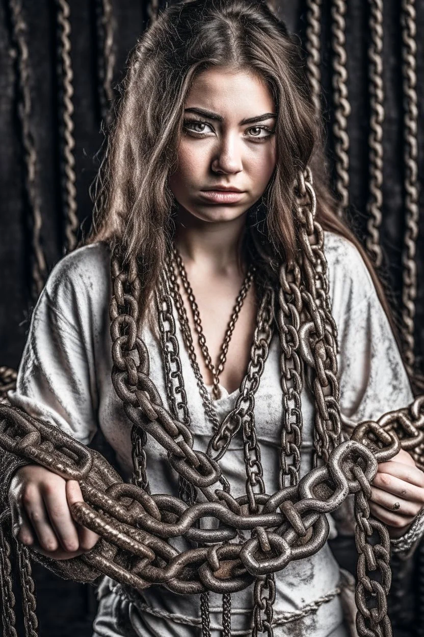 a beautiful chained woman in torn and dirty clothing shattering the iron chain