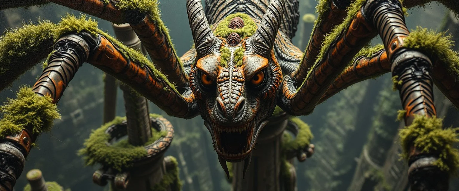 the weird face smart human nerd of a cyberpunk dragon spider cult man with charm in web from mossy tower, master oil painting by Rembrandt and Escher, moss covered space station, brightened edges to give a sense of depth