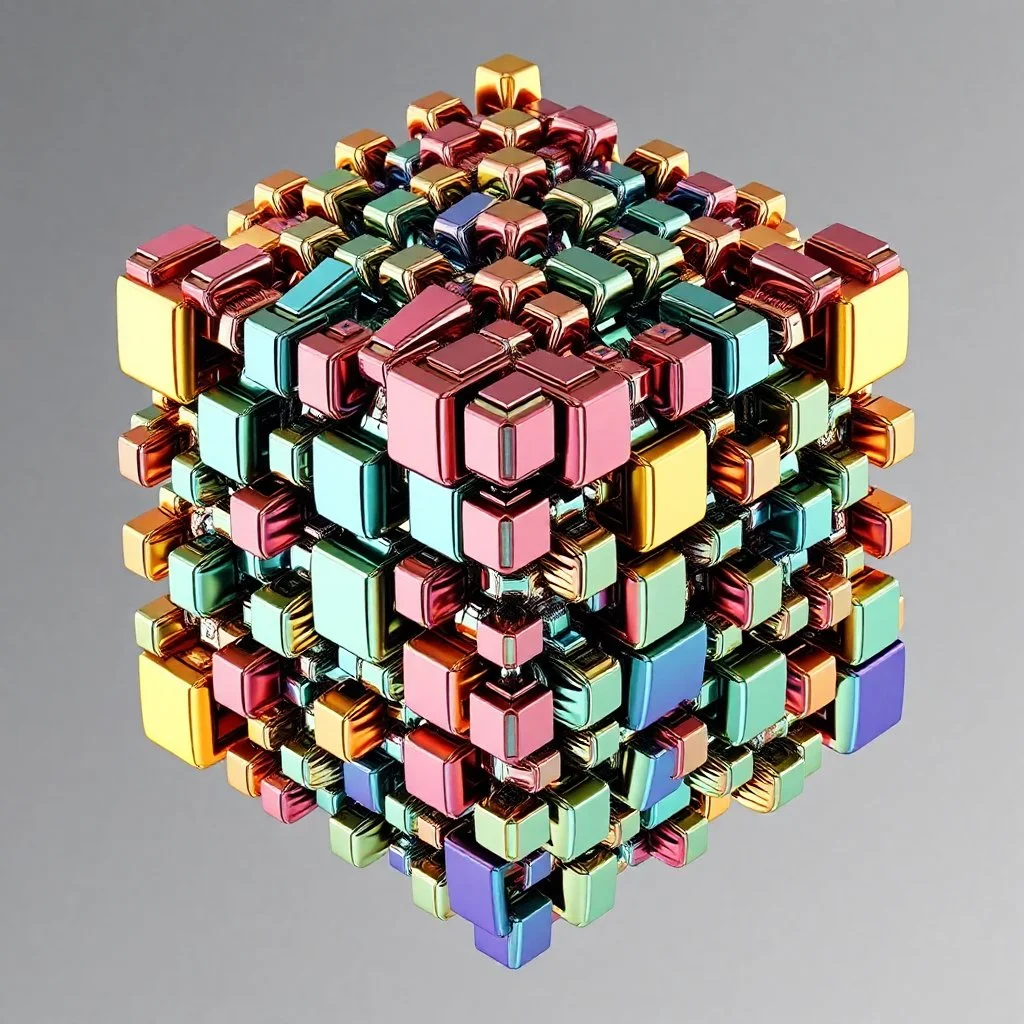 a mandelbox 3d fractal made of small metallic random color cubes