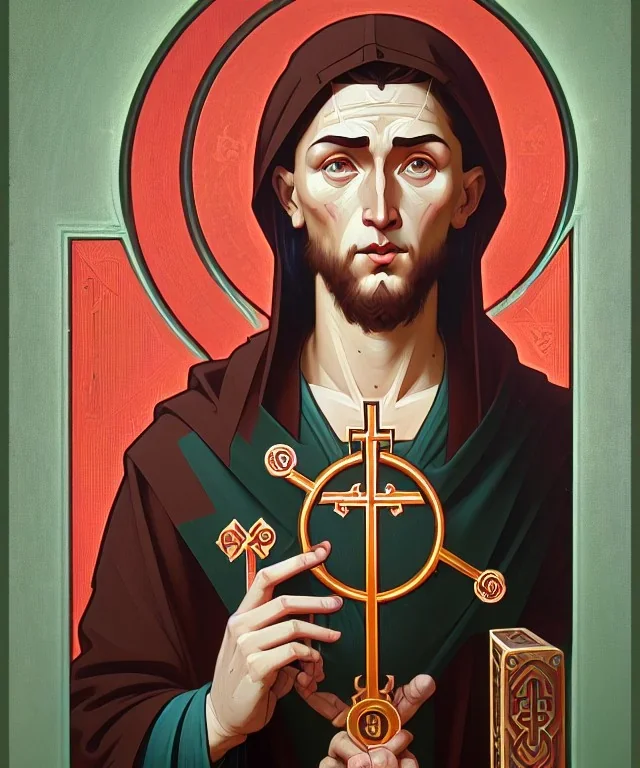 orthodox old icon with saint, patron of photographers. he is holding a camera in one hand and 35mm film in the other. Cyrillic inscriptions are the names of photographic brands. hyperdetailed, Alphonse Mucha, Zdzisław Beksiński, poster, illustration, ink, oil on canvas, 18th century atlas