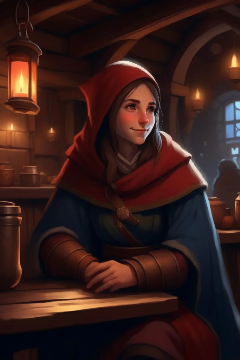 DnD style, medieval beautiful woman dressed in warm winter clothes sitting in a tavern