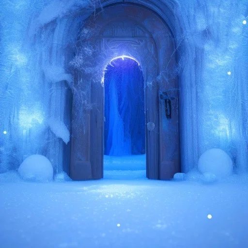 ethereal winter flowers, carved ice door at the end of ice steps, magical atmosphere, Beardsley, Unreal render, mdjourny v3 style, cinematic blue