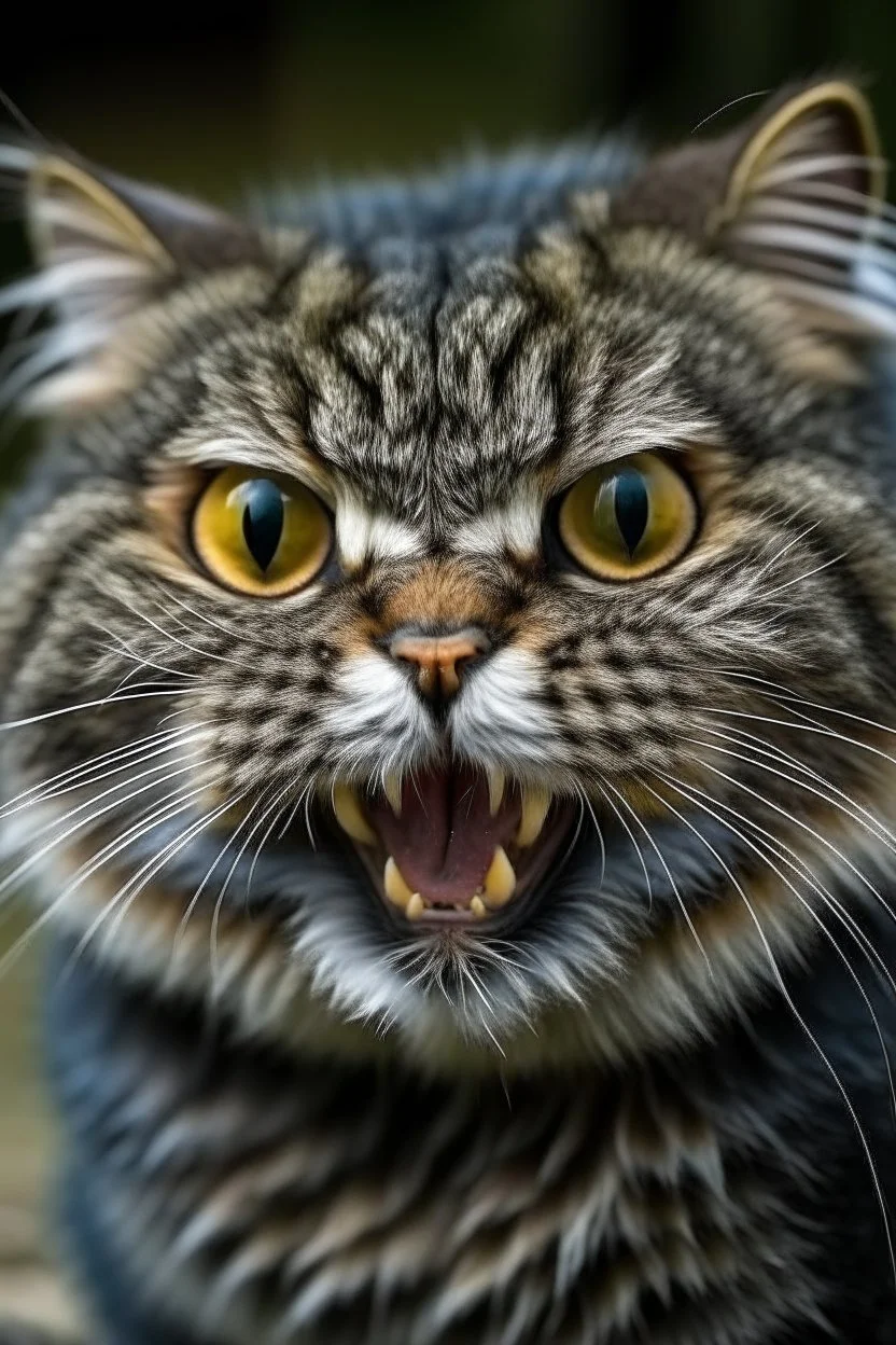 A pallas cat with brown eyes laughing