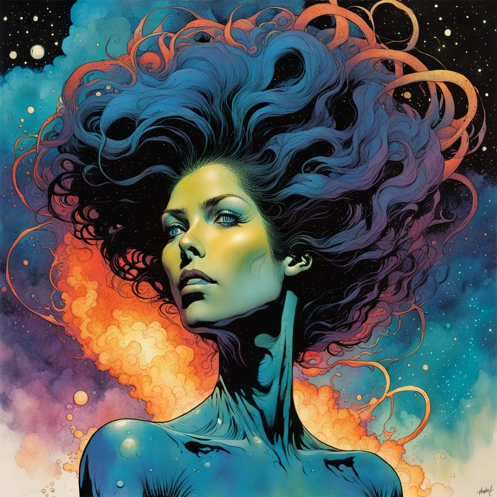 create an imaginative amorphous female extraterrestrial being with finely detailed facial features, sinuous tentacle hair, amidst the exploding chaos of a dying star, in the comic book art style of Bill Sienkiewicz, Mike Mignola, and Jean Giraud Moebius, finely textured, drawn, colored, and inked