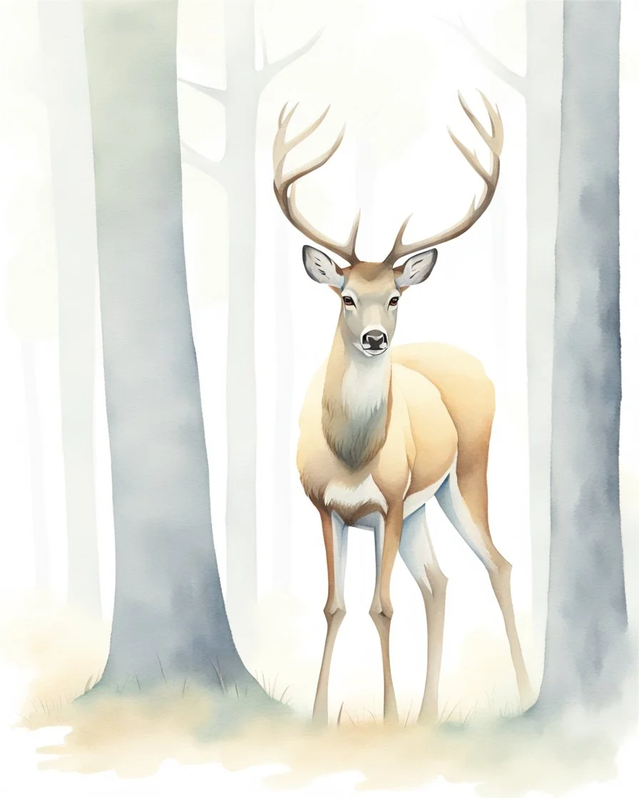 deer with antlers standing sideways, looking at viewer, realistic water color painted, among tall simplified tree trunks, foggy, pastels, colorful