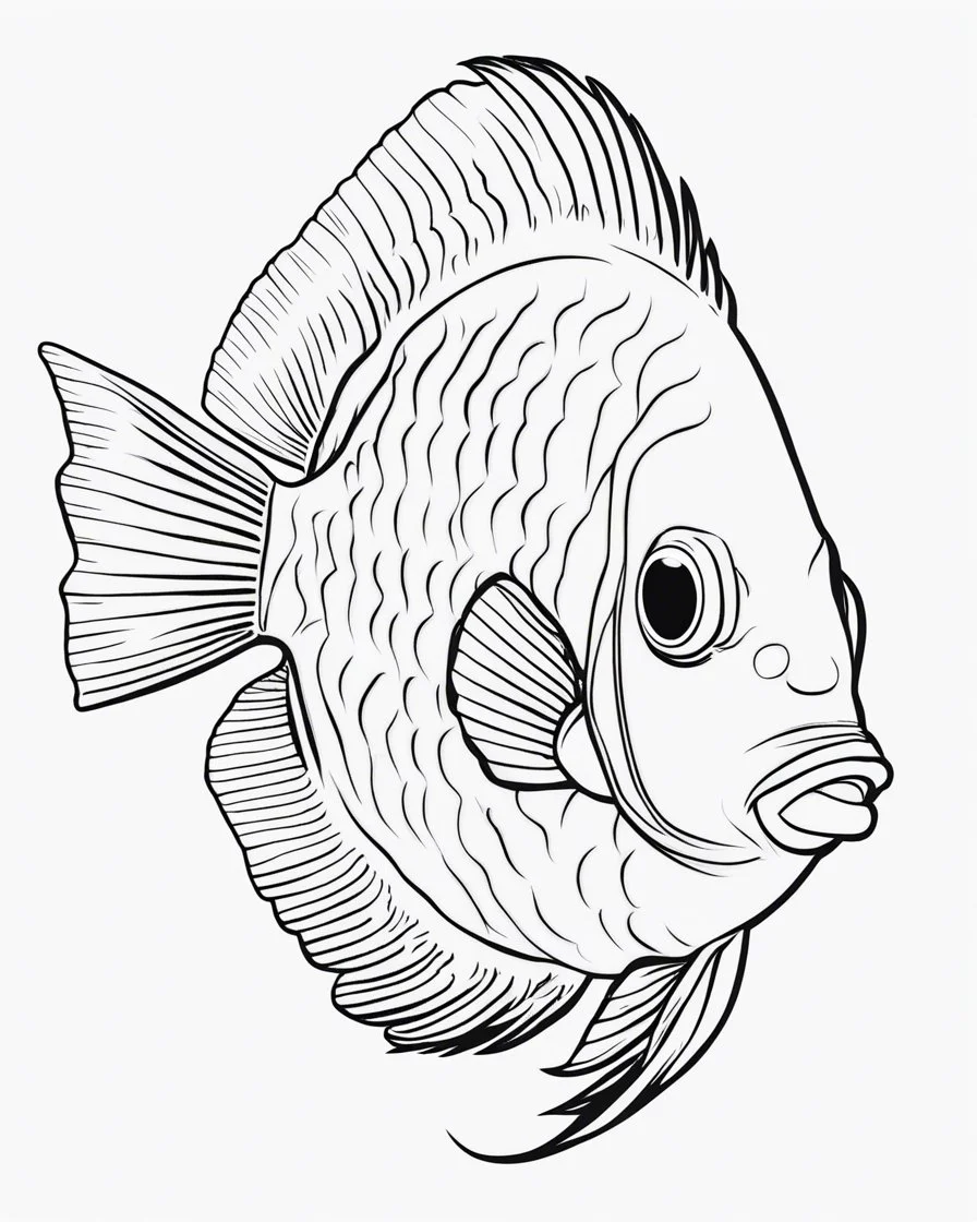 Cartoon outline, Discus fish full body, coloring pages, no color, highly detailed, black and white, white background, highly detailed