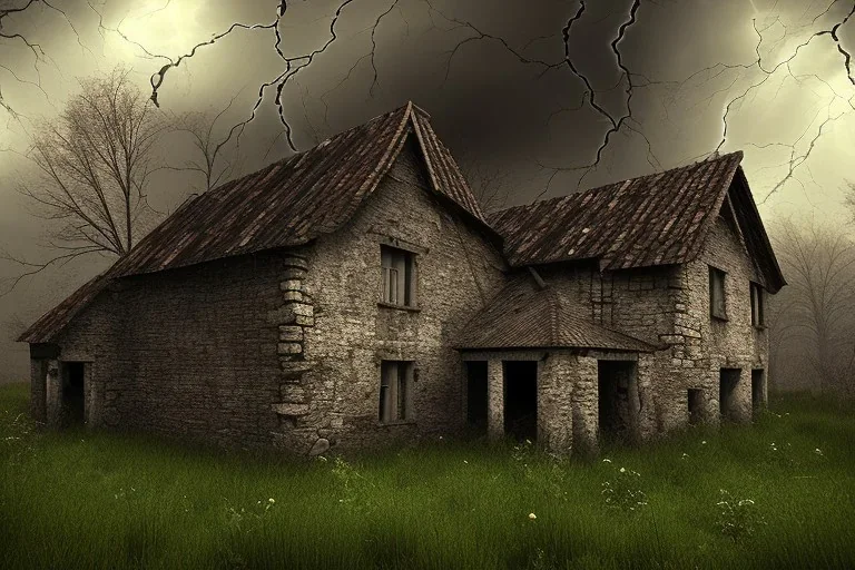 Old farmhouse, mud, storm, ruins