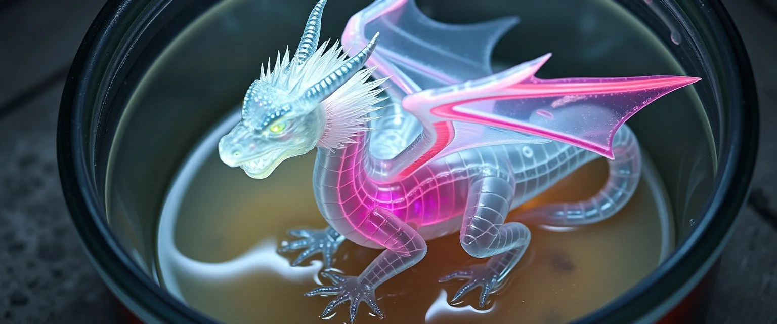 The image depicts a fantastical duck snow soup, specifically a transparent dragon with neon flash aura, with a unique and whimsical appearance. The dragon is positioned in a circular frame, which suggests it might be inside a container or a vessel. The dragon's body is elongated and has a segmented appearance, with a detailed texture that gives it a realistic look. Its head is covered with white, spiky hair, adding to its fantastical charm. The dragon's wings are large and spread out