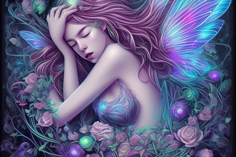 black light art neon colors cute sleeping fairy