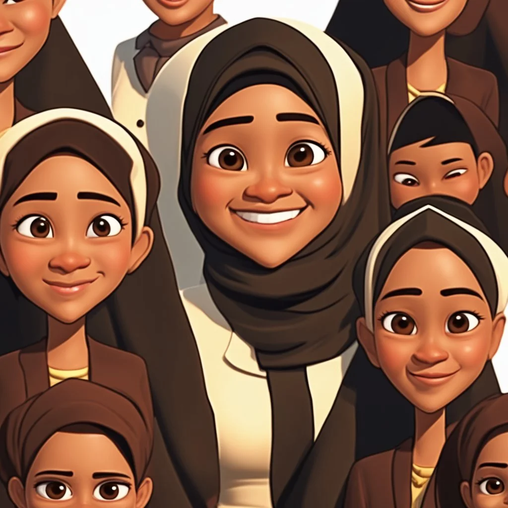 a portrait of smiling moslem woman. indonesian. carricature. thin. wearing black headscarf. warm undertone brown face skin. black eye pupils. diamond face shape. formal blazer dress. pixar style. 3D. 4k. portrait. highly detailed. sharp focus. high resolution. full color. cinema lighting