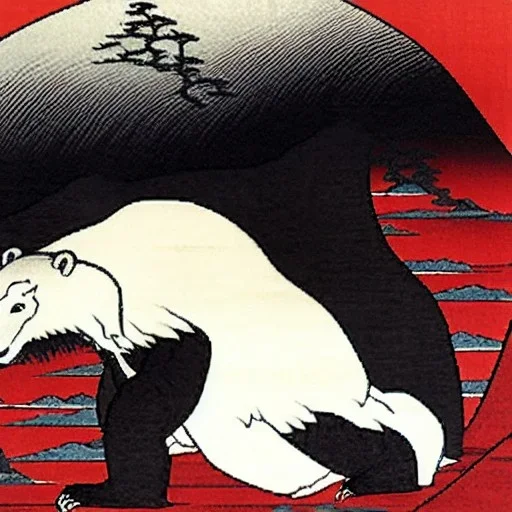 Ours polaire, habillé comme un samurai, sombre, furieux, noir, rouge, peint par Hokusai.