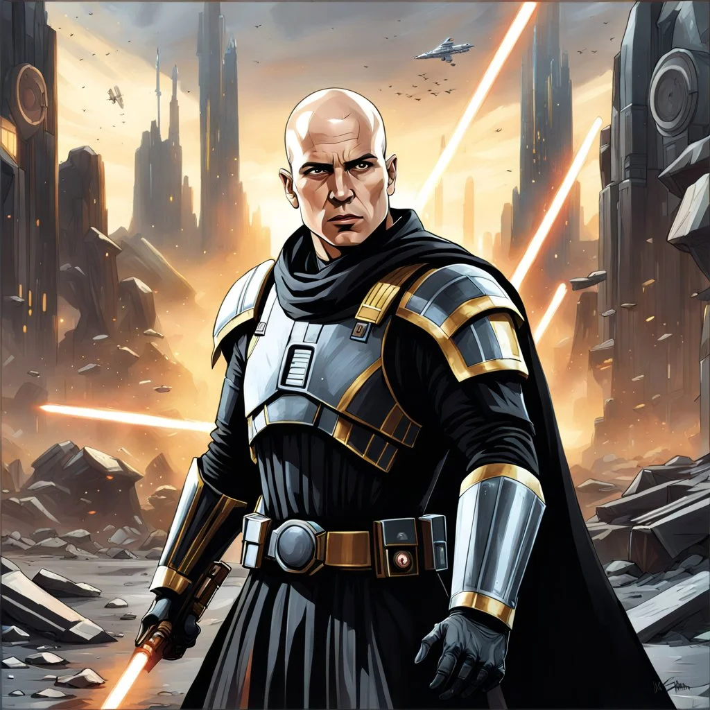 star wars bald male corellian jedi pilot wearing black and gunmetal grey old republic armored robes with gold trim, alone, battle-ready Jedi Master defending a ruined ancient city surrounded by golden light, centered head and shoulders portrait, hyperdetailed, dynamic lighting, hyperdetailed background, 8k resolution, volumetric lighting, light skin, fully symmetric details