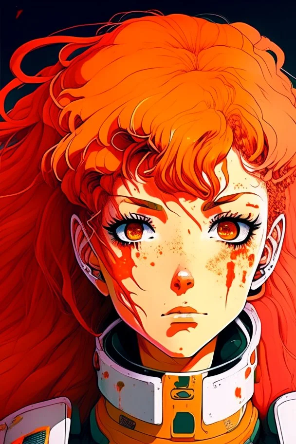 90s anime sci fi orange hair space Captain girl blood on face sacred