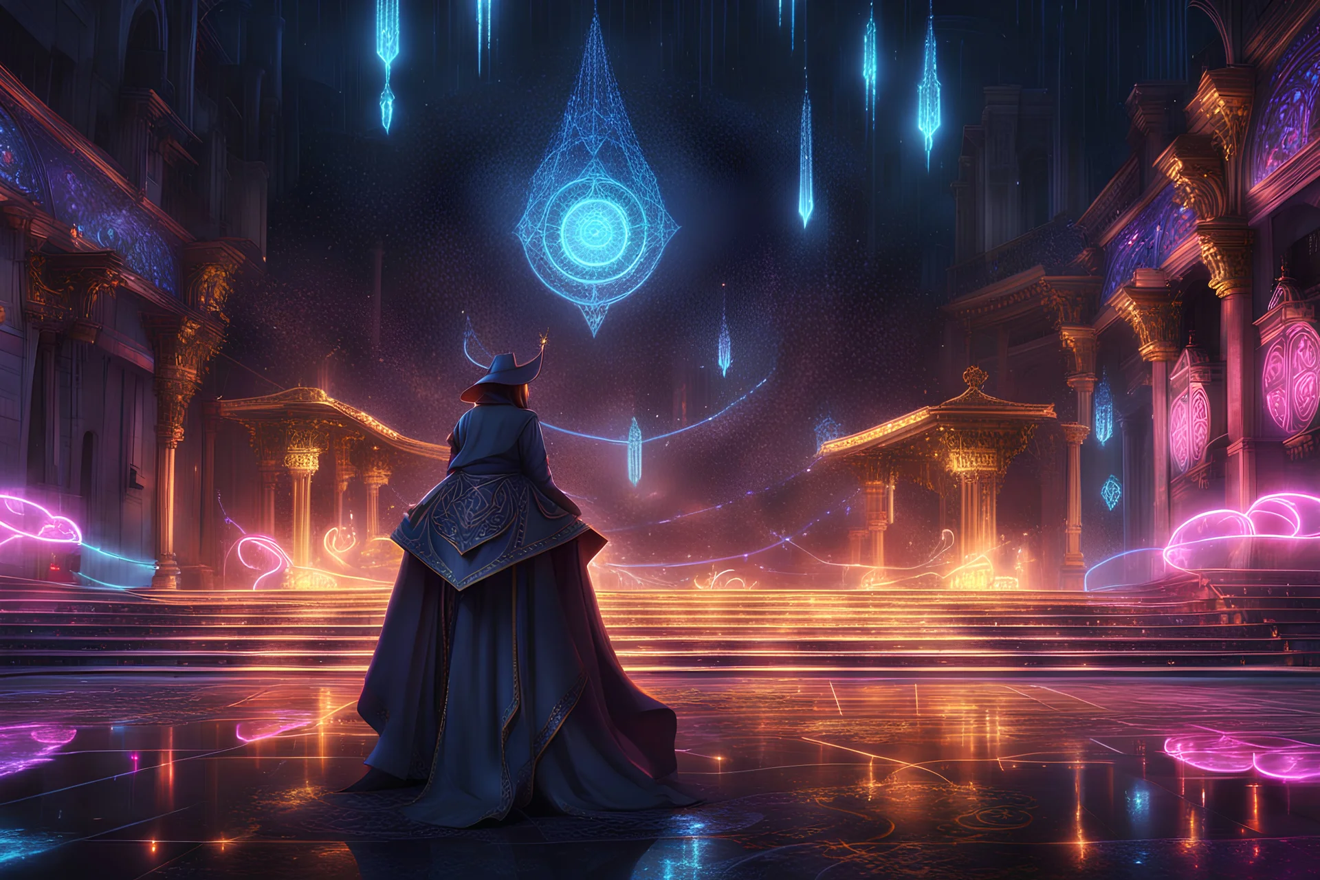 Dark magic in 8k cgi anime drawing style, chaos them, magi circle, close picture, rain, neon, intricate details, highly detailed, high details, detailed portrait, masterpiece,ultra detailed, ultra quality
