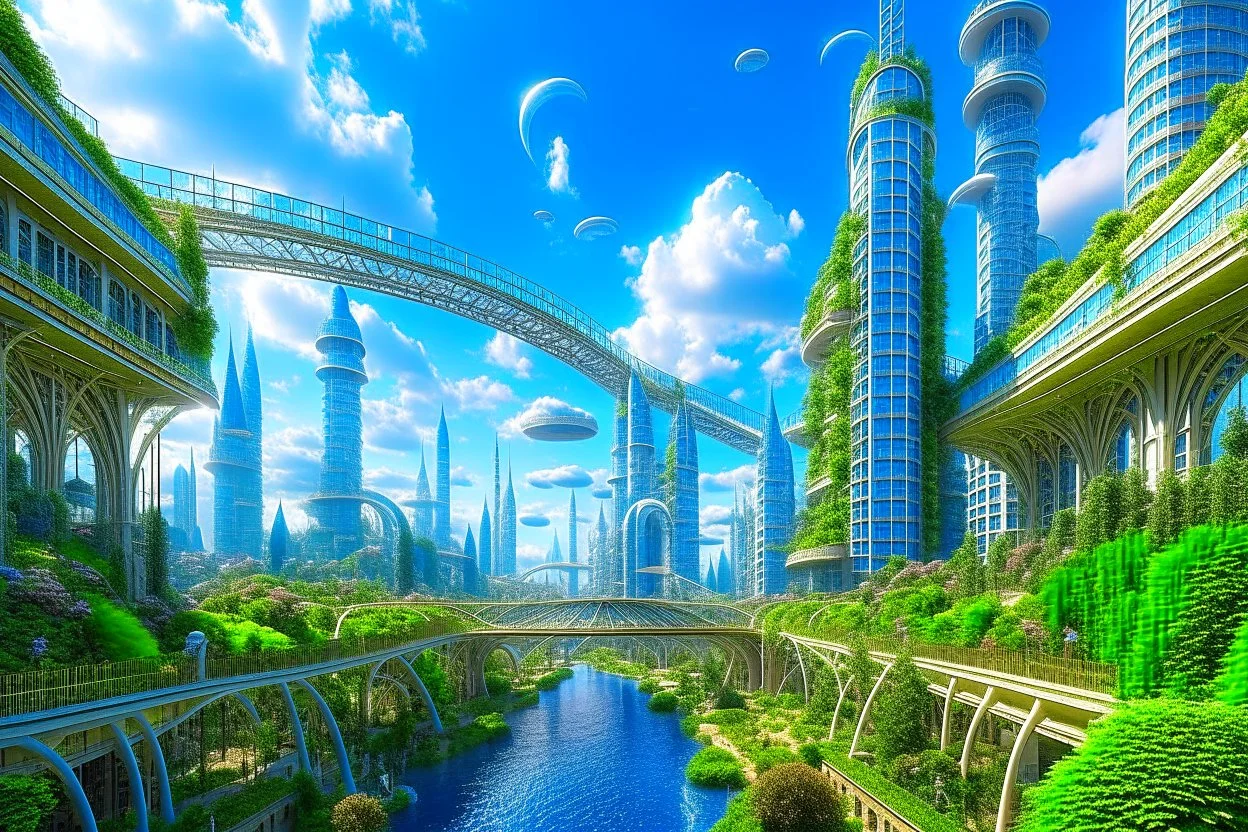 A futuristic alien city, with balconies, verandas, many arches, bridges, spires, paths, trees, dense foliage, Spanish moss, ivy, river, blue sky, white clouds.industry revolution new age, new-age theme, hyper realistic city with galaxy sky