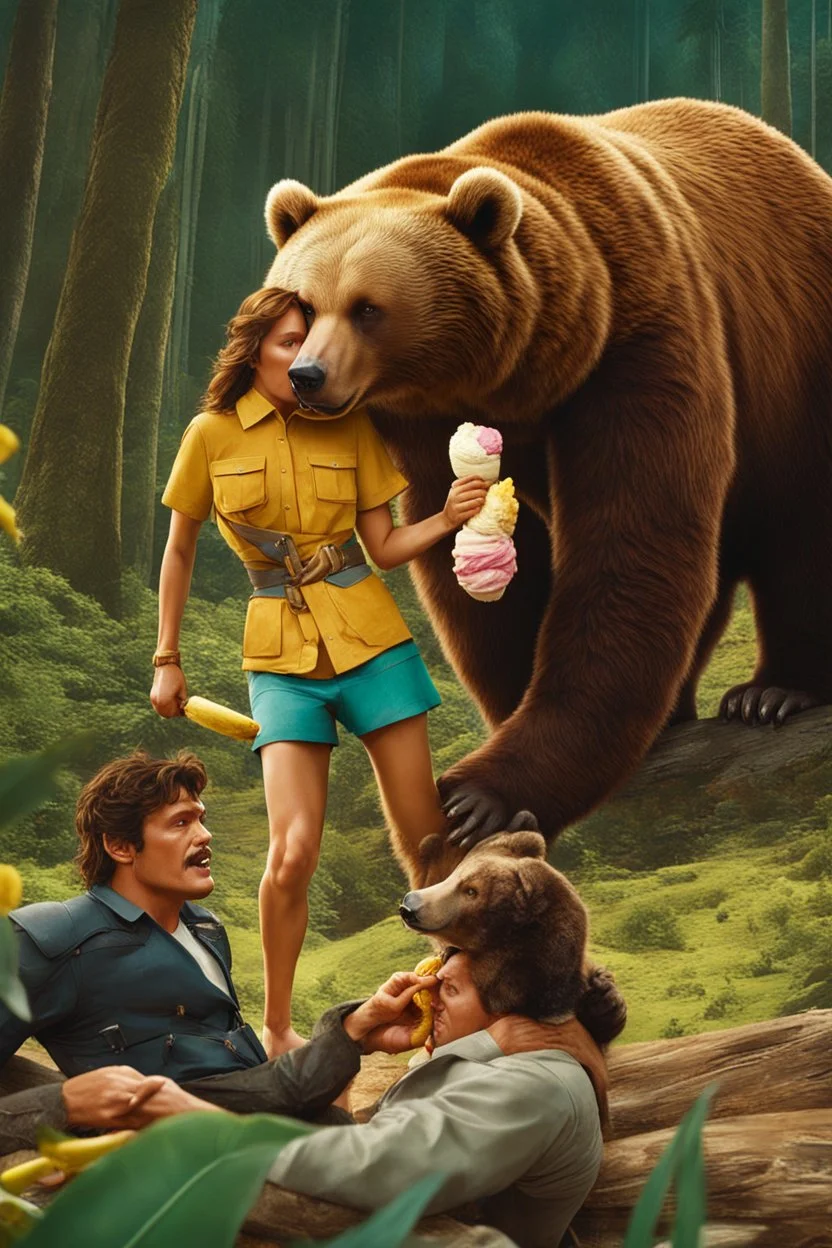 fighting hot woman fighting in the hunger games, slaughtering his enemies and a bear, mix with pedro pascal, eating a banana in front of a big bear while licking an ice cream, 1990s style