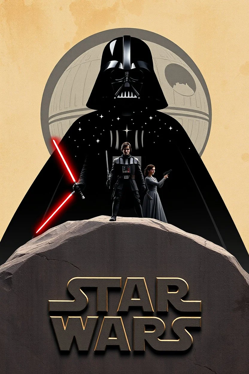 silhouette of darth vader filled with stars and the Death Star, in front is Luke Skywalker with lightsaber and Princess Leia Organa with pistol atop a giant stone onto which in smaller aged low relief is carved words "STAR WARS"