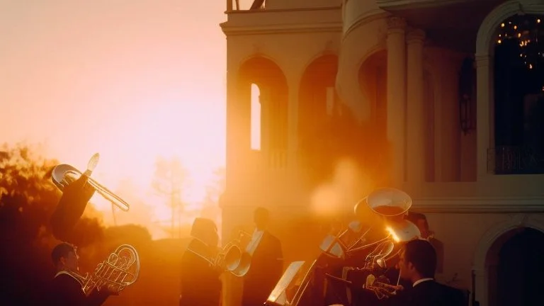 panoramic ,brass orchestra playing outside a beverly hills style mansion, exterior photography of a romantic and bright house, 8k, ultra HD