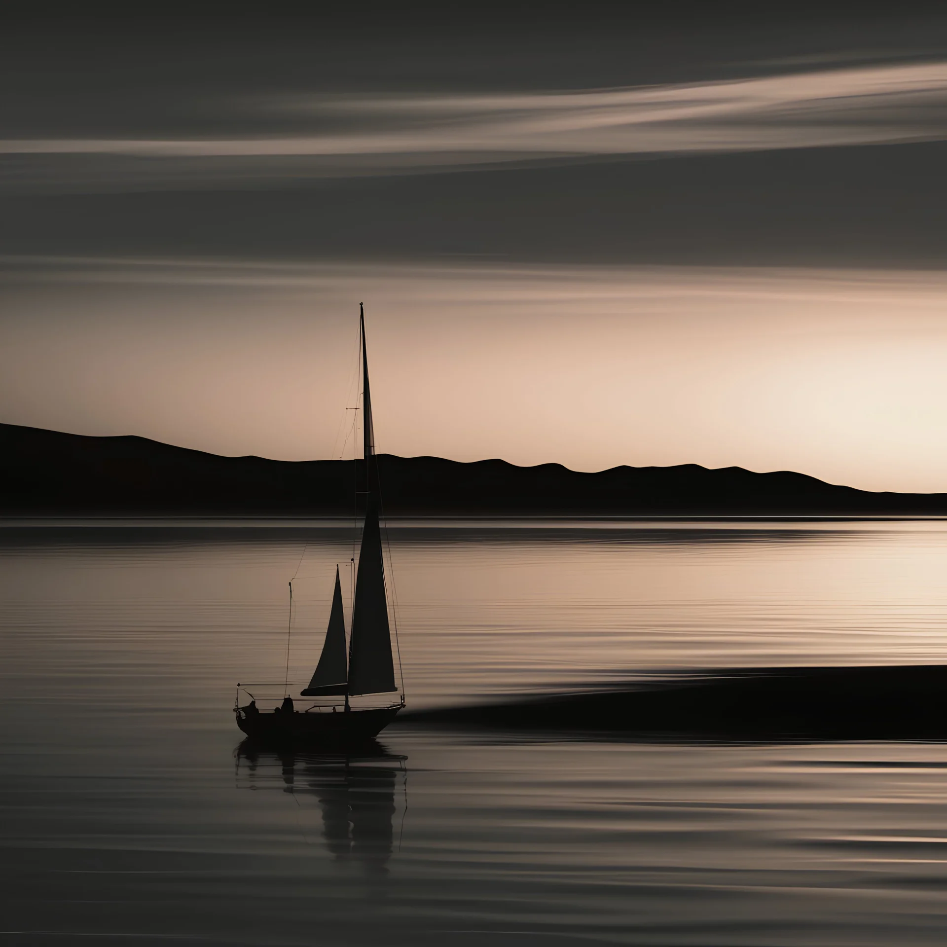 A serene sunset over a calm ocean, with a silhouette of a sailboat on the horizon stylised