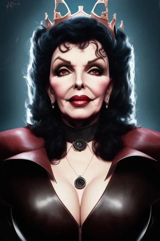 Joan Collins as evil queen in black leather, leather, busty, cleavage, angry, stern look. character design by cory loftis, fenghua zhong, ryohei hase, ismail inceoglu and ruan jia. unreal engine 5, artistic lighting, highly detailed, photorealistic, fantasy